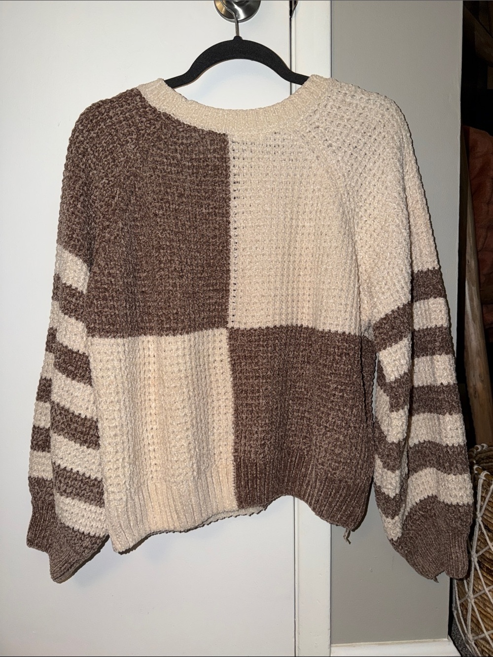Altar'd State Cream and Brown Colorblock Waffle Knit Sweater - Picture 2 of 4